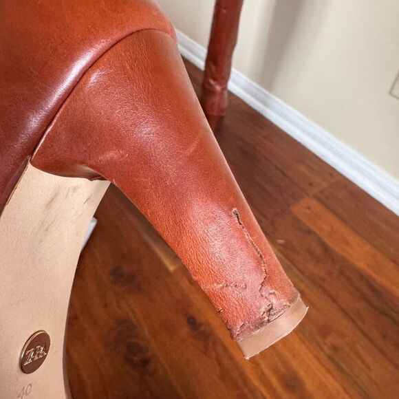 Zara Knee High Mid Height Brown Leather Heeled Boots - Picture 6 of 9